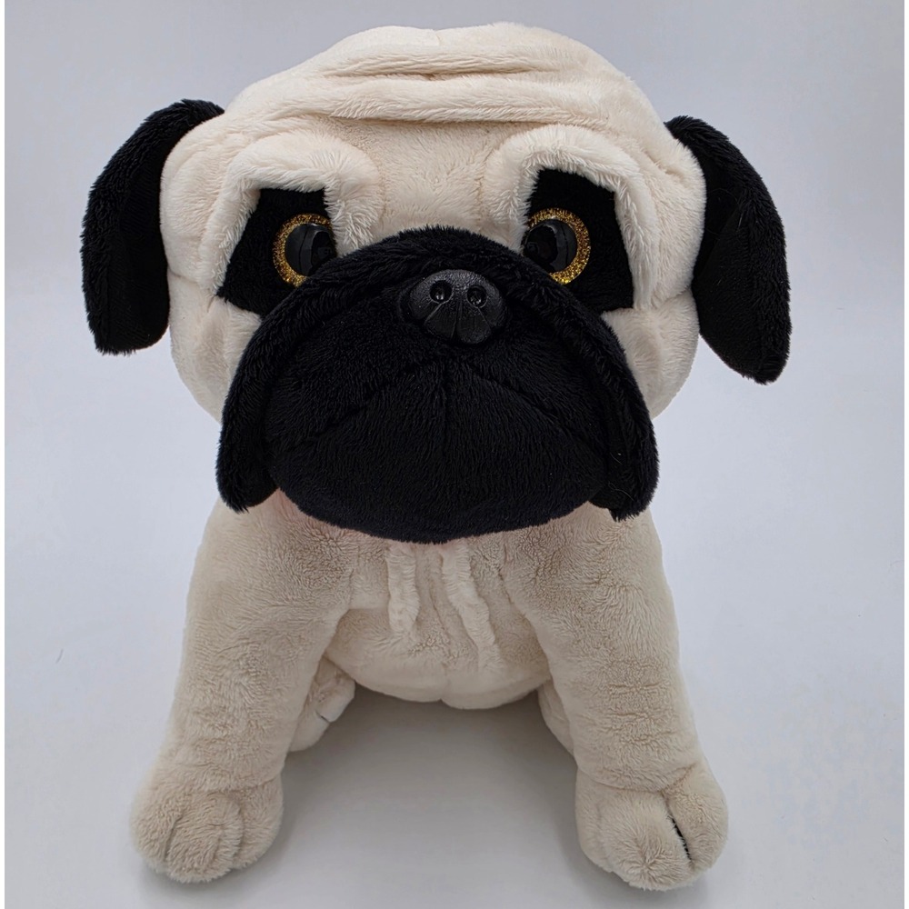 Toy Factory Pug Plush Dog Cream Black Red Collar Gold Glitter Eyes 12 Inch